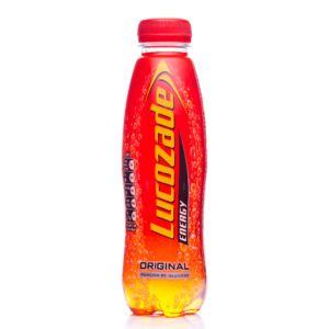 A bottle of lucozade drink on white background