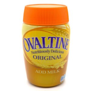 A jar of ovaltine original also milk.