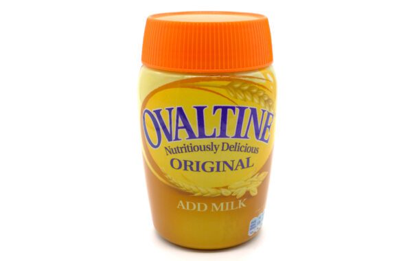 A jar of ovaltine original also milk.