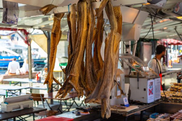 A bunch of dried fish hanging in the air