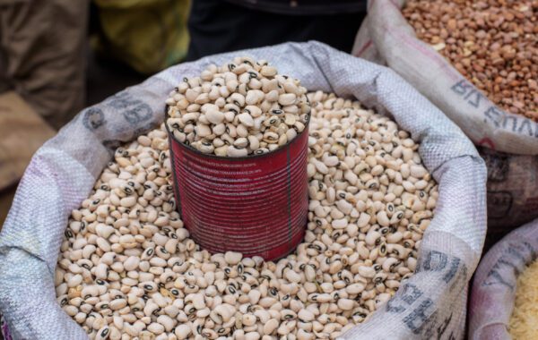 A red can sitting on top of some beans.