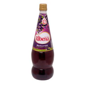 A bottle of black currant drink is shown.