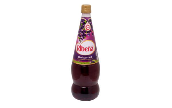 A bottle of black currant drink is shown.