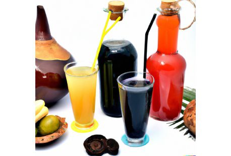 A table with several different drinks and some fruit.