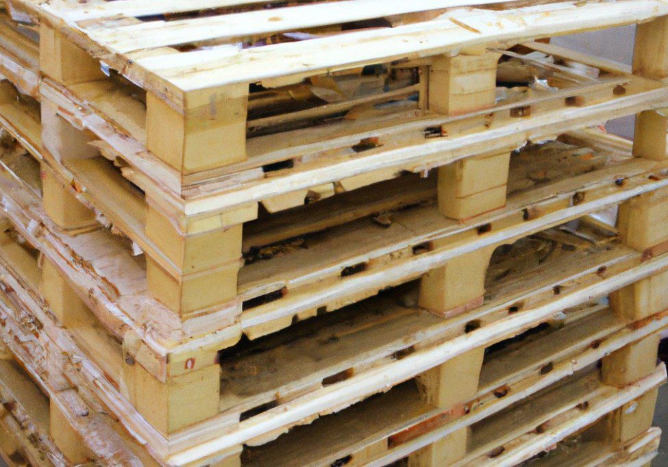 A stack of wooden pallets in a warehouse.